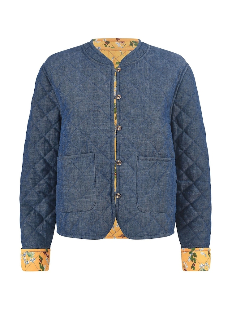 Yumi Blue Chambray Quilted 100% Cotton Jacket With Reversible Floral Print Lining - Image 5 of 5