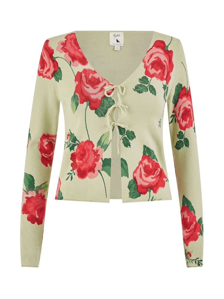 Yumi Green Rose Print Cardigan With Tie Front - Image 1 of 4