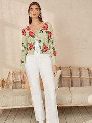 Yumi Green Rose Print Cardigan With Tie Front - Image 2 of 4