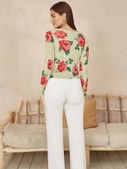 Yumi Green Rose Print Cardigan With Tie Front - Image 3 of 4