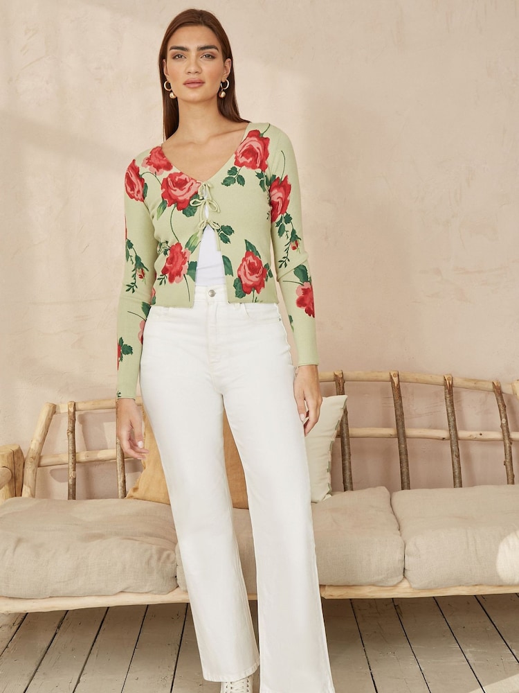 Yumi Green Rose Print Cardigan With Tie Front - Image 4 of 4