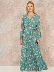 Yumi Green Floral Print Pleated Long Sleeve Wrap Over Midi Dress - Image 1 of 5