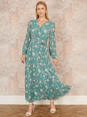 Yumi Green Floral Print Pleated Long Sleeve Wrap Over Midi Dress - Image 2 of 5