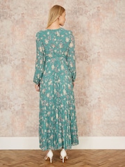 Yumi Green Floral Print Pleated Long Sleeve Wrap Over Midi Dress - Image 3 of 5