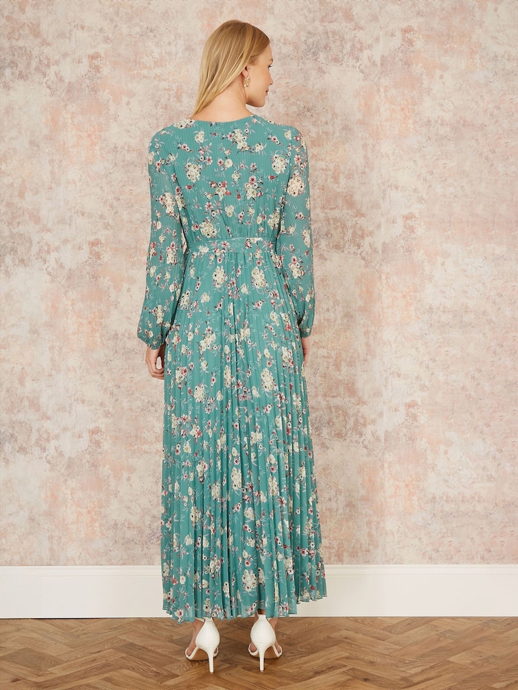 Yumi Green Floral Print Pleated Long Sleeve Wrap Over Midi Dress - Image 3 of 5