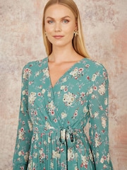 Yumi Green Floral Print Pleated Long Sleeve Wrap Over Midi Dress - Image 4 of 5