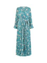 Yumi Green Floral Print Pleated Long Sleeve Wrap Over Midi Dress - Image 5 of 5