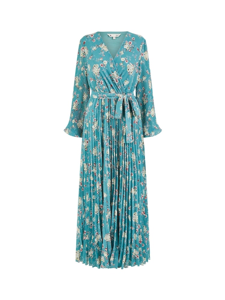 Yumi Green Floral Print Pleated Long Sleeve Wrap Over Midi Dress - Image 5 of 5