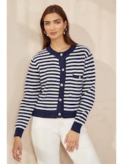 Yumi Blue Relaxed Fit Stripe Knit Cardigan - Image 1 of 4