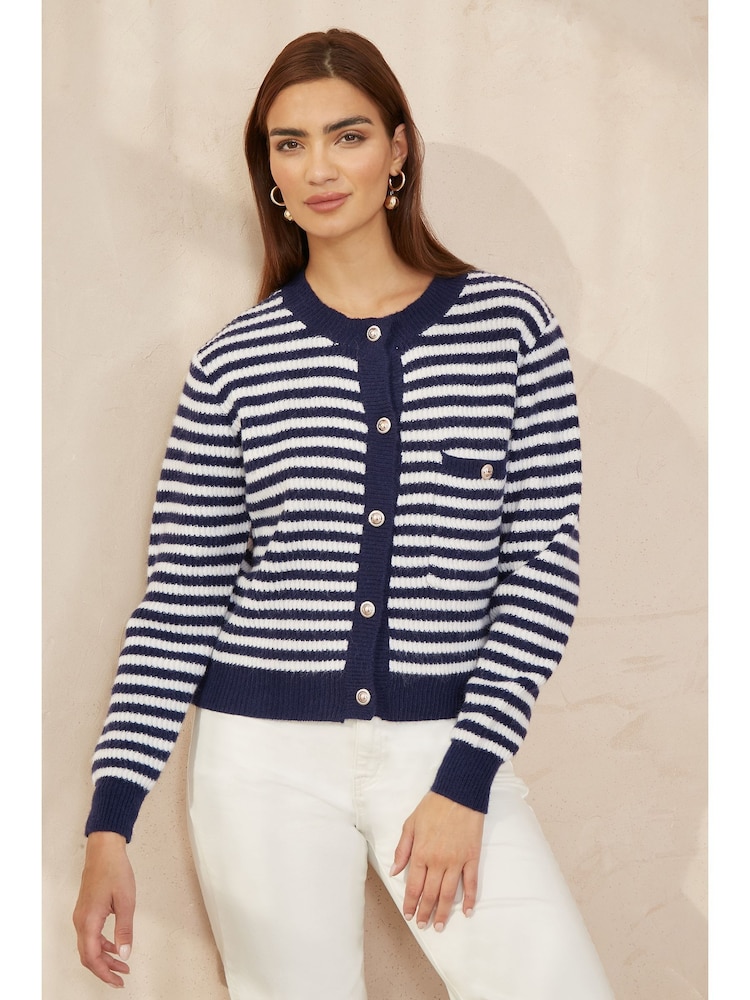 Yumi Blue Relaxed Fit Stripe Knit Cardigan - Image 1 of 4