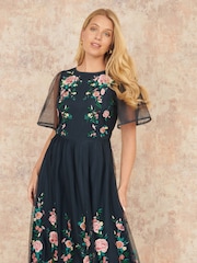 Yumi Blue Embroidered Mesh Sleeve Prom Skater Dress - Image 1 of 5