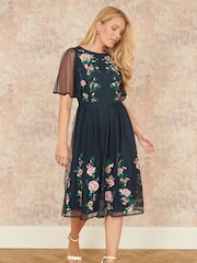 Yumi Blue Embroidered Mesh Sleeve Prom Skater Dress - Image 2 of 5