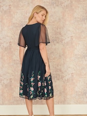 Yumi Blue Embroidered Mesh Sleeve Prom Skater Dress - Image 3 of 5