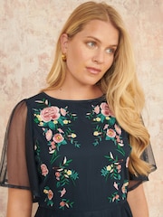 Yumi Blue Embroidered Mesh Sleeve Prom Skater Dress - Image 4 of 5