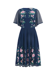 Yumi Blue Embroidered Mesh Sleeve Prom Skater Dress - Image 5 of 5