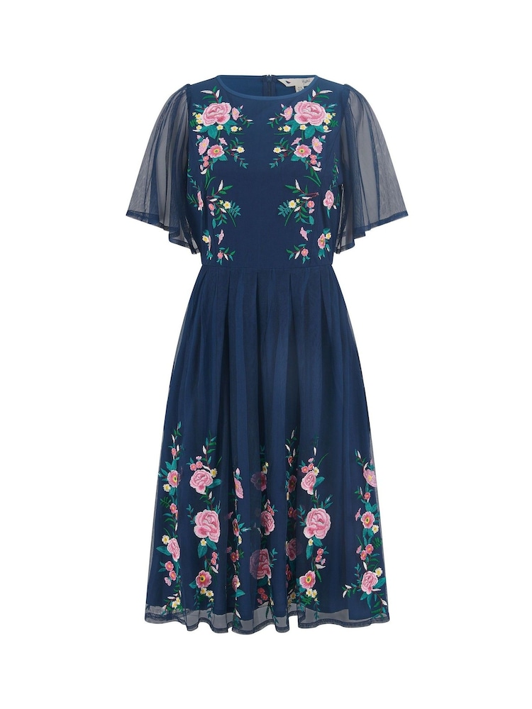 Yumi Blue Embroidered Mesh Sleeve Prom Skater Dress - Image 5 of 5