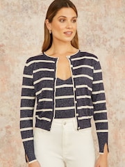 Yumi Blue Striped Sparkle Knitted Cardigan - Image 1 of 4