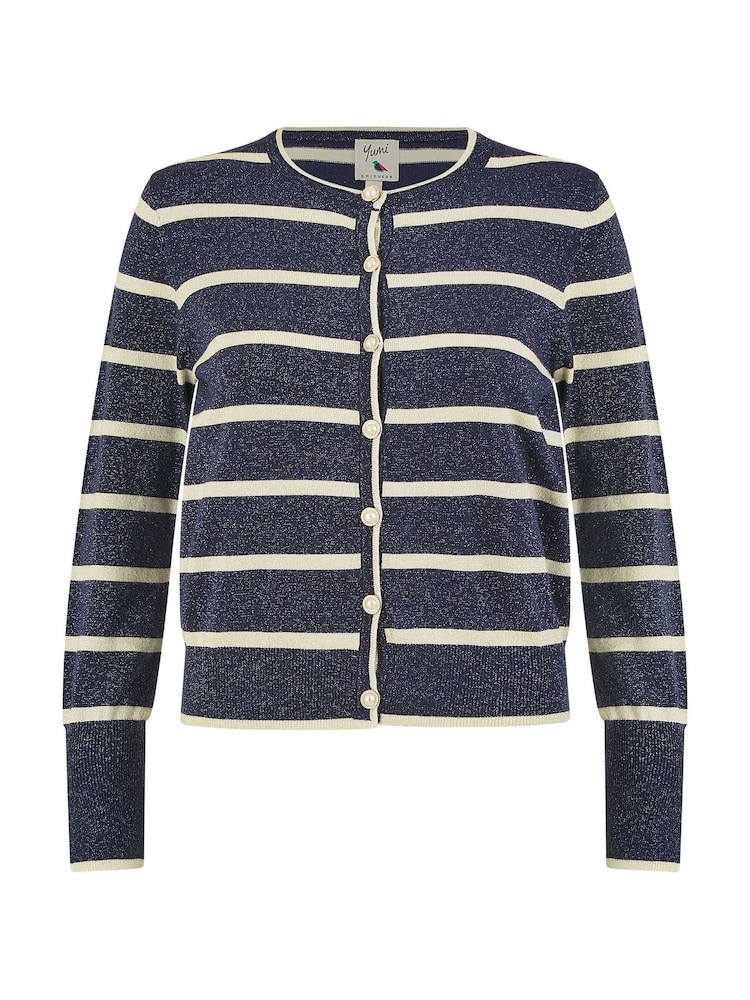 Yumi Blue Striped Sparkle Knitted Cardigan - Image 4 of 4 Yumi Blue Striped Sparkle Knitted Cardigan - Image 4 of 4