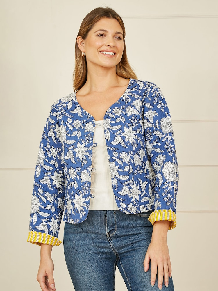 Yumi Blue Animal Reversible Quilted 100% Cotton Jacket - Image 1 of 5