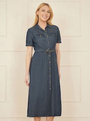 Yumi Blue Chambray Utility Midi Denim 100% Cotton Shirt Dress - Image 1 of 4