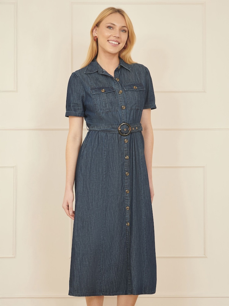 Yumi Blue Chambray Utility Midi Denim 100% Cotton Shirt Dress - Image 1 of 4