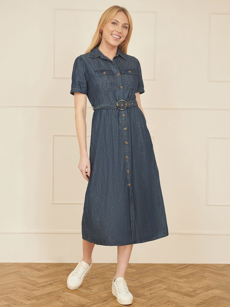 Yumi Blue Chambray Utility Midi Denim 100% Cotton Shirt Dress - Image 2 of 4