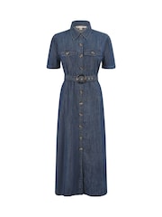 Yumi Blue Chambray Utility Midi Denim 100% Cotton Shirt Dress - Image 4 of 4