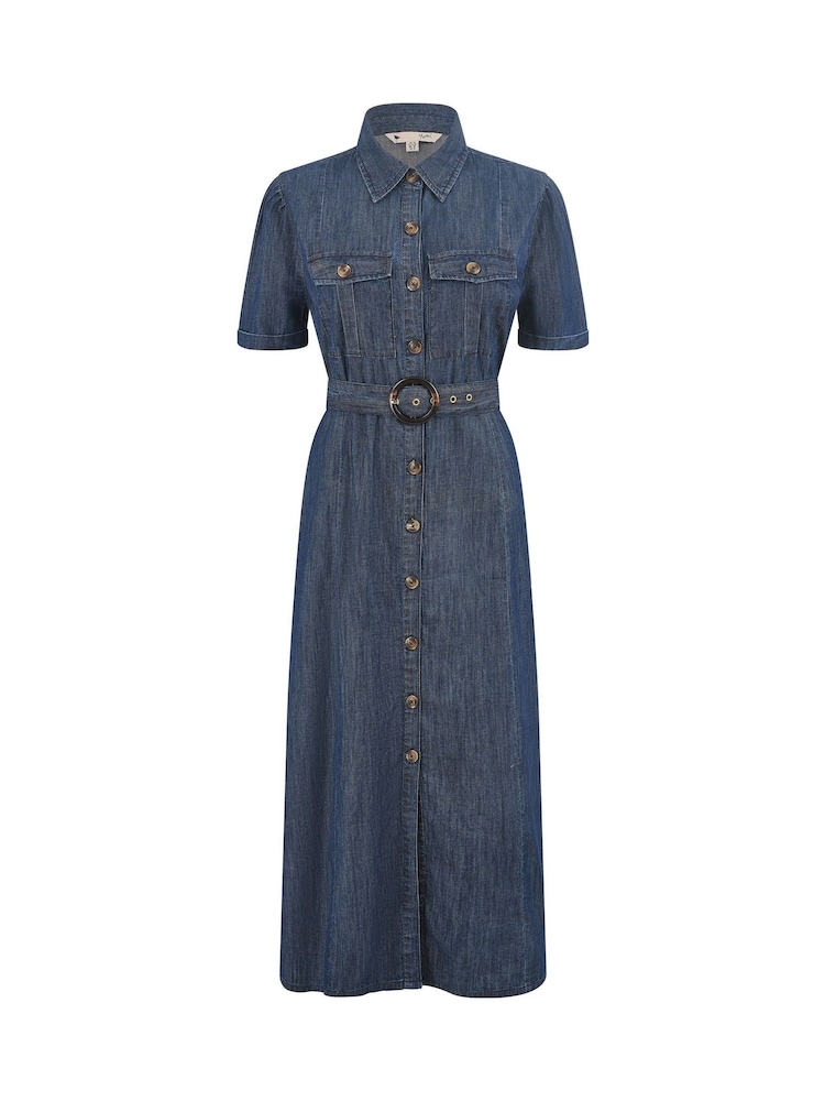 Yumi Blue Chambray Utility Midi Denim 100% Cotton Shirt Dress - Image 4 of 4