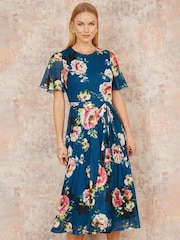 Yumi Green Mesh Floral Print Midi Dress With Angel Sleeves - Image 1 of 5
