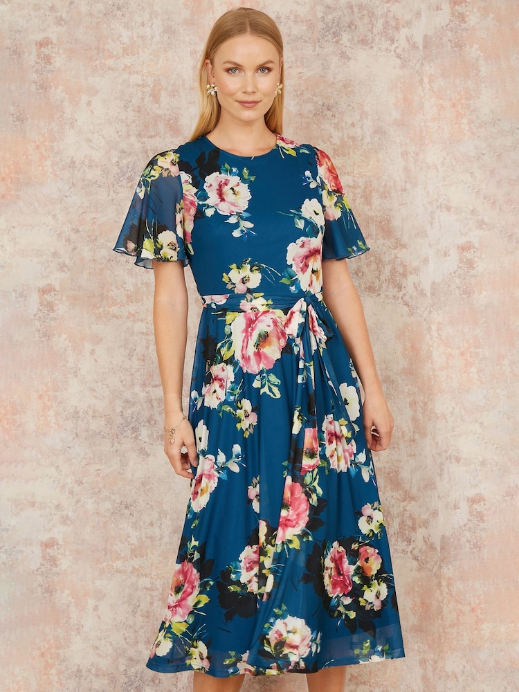 Yumi Green Mesh Floral Print Midi Dress With Angel Sleeves - Image 1 of 5