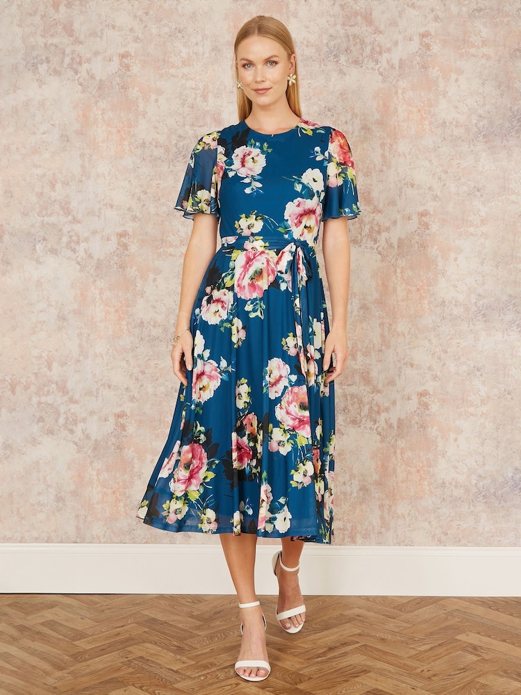 Yumi Green Mesh Floral Print Midi Dress With Angel Sleeves - Image 2 of 5