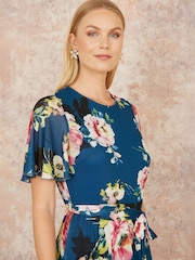 Yumi Green Mesh Floral Print Midi Dress With Angel Sleeves - Image 4 of 5