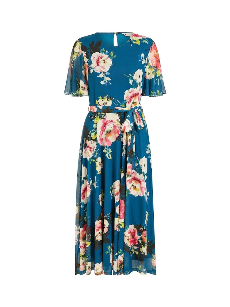 Yumi Green Mesh Floral Print Midi Dress With Angel Sleeves - Image 5 of 5