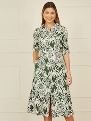 Yumi Green Ikat Geo Print Midi Shirt Dress - Image 1 of 5