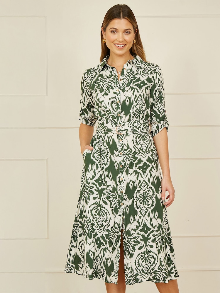 Yumi Green Ikat Geo Print Midi Shirt Dress - Image 1 of 5