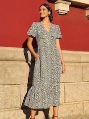 Yumi Brown Leopard Print Pleated Button Through Midi Dress - Image 1 of 5