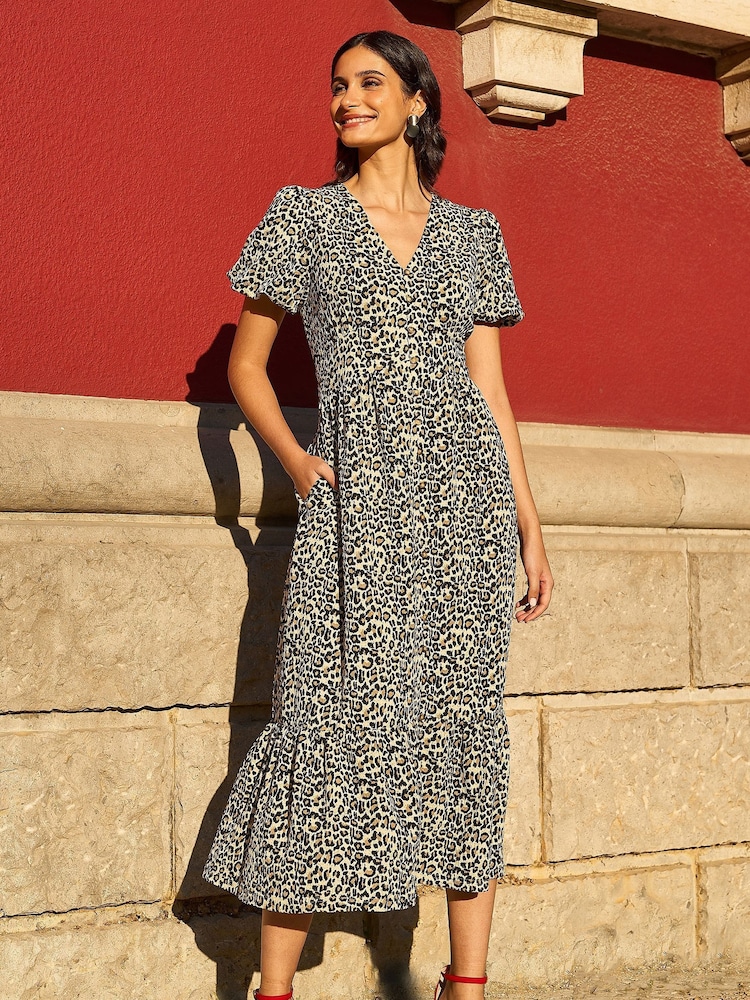 Yumi Brown Leopard Print Pleated Button Through Midi Dress - Image 1 of 5
