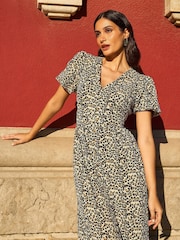 Yumi Brown Leopard Print Pleated Button Through Midi Dress - Image 2 of 5