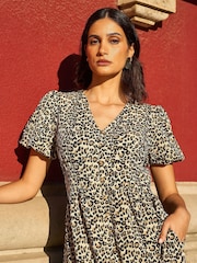 Yumi Brown Leopard Print Pleated Button Through Midi Dress - Image 3 of 5