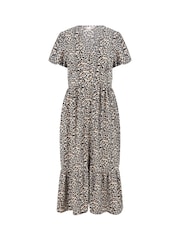 Yumi Brown Leopard Print Pleated Button Through Midi Dress - Image 5 of 5