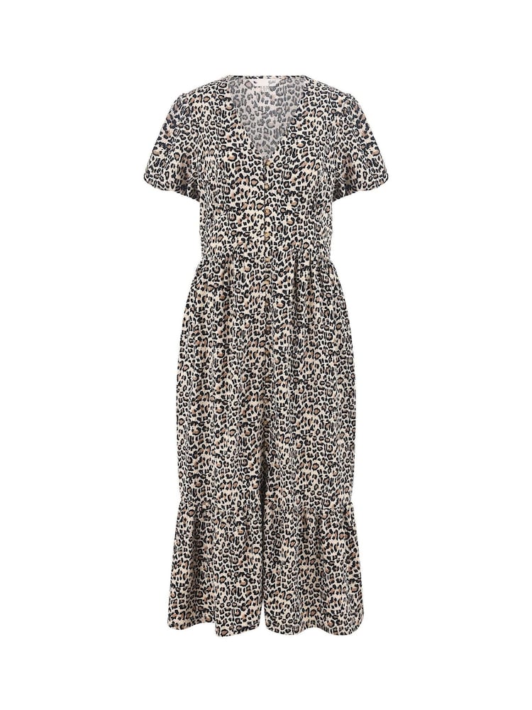 Yumi Brown Leopard Print Pleated Button Through Midi Dress - Image 5 of 5