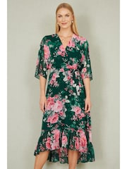 Yumi Green Kimono Sleeves Dip Hem Wrap Midi Dress - Image 1 of 5