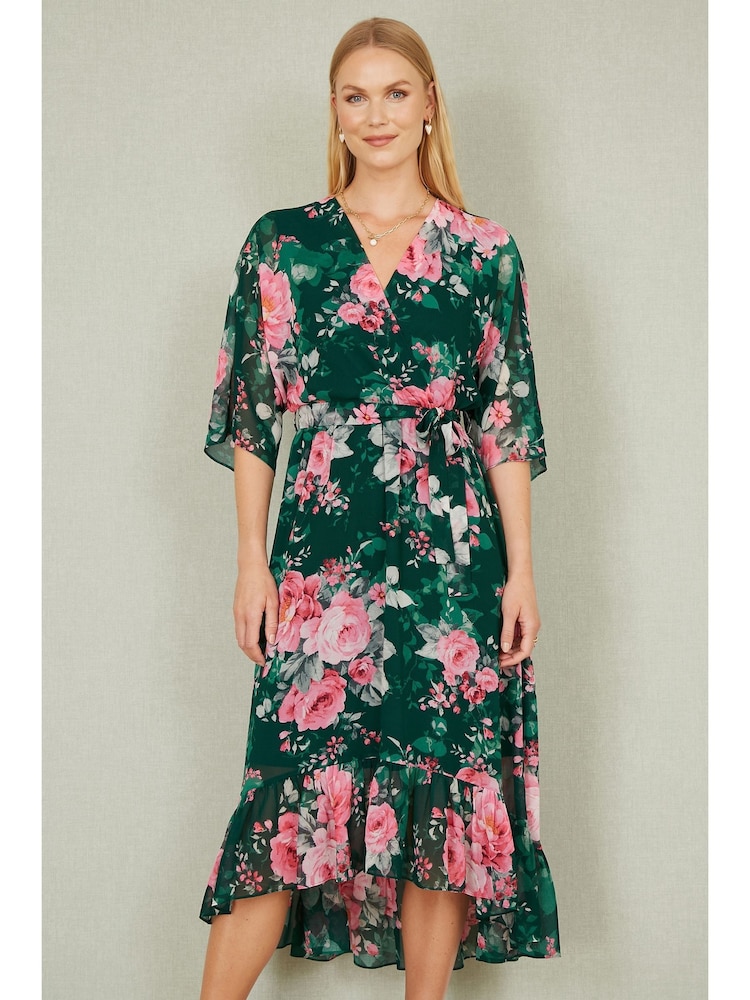 Yumi Green Kimono Sleeves Dip Hem Wrap Midi Dress - Image 1 of 5