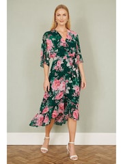 Yumi Green Kimono Sleeves Dip Hem Wrap Midi Dress - Image 2 of 5