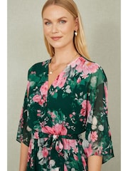 Yumi Green Kimono Sleeves Dip Hem Wrap Midi Dress - Image 4 of 5