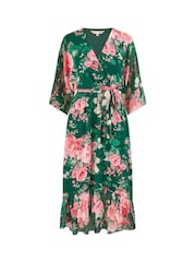 Yumi Green Kimono Sleeves Dip Hem Wrap Midi Dress - Image 5 of 5