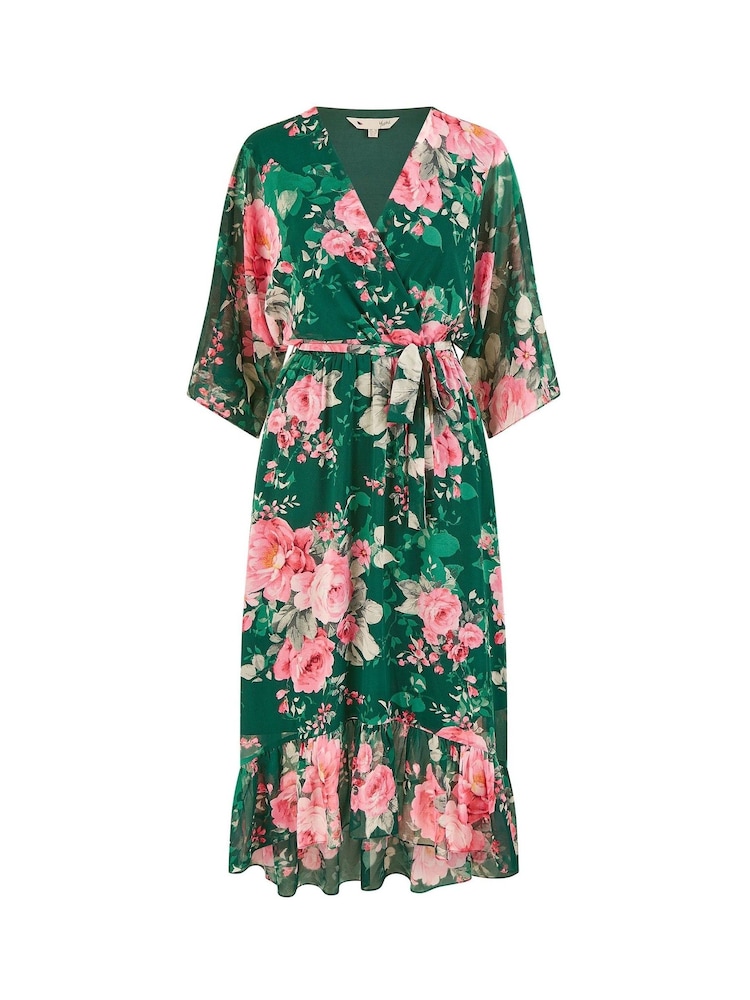 Yumi Green Kimono Sleeves Dip Hem Wrap Midi Dress - Image 5 of 5
