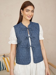 Yumi Blue Chambray 100% Cotton Quilted Reversible Vest - Image 1 of 5