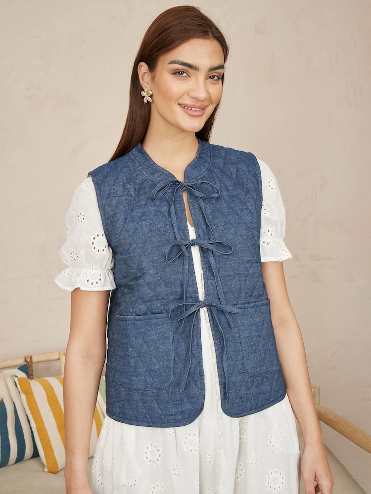 Yumi Blue Chambray 100% Cotton Quilted Reversible Vest - Image 1 of 5