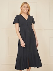 Yumi Blue Viscose Button Through Midi Dress - Image 1 of 5